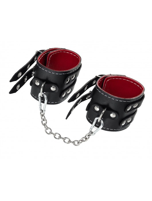 Черные кожаные оковы с двумя ремнями и красной подкладкой - Pecado - купить с доставкой в Красногорске