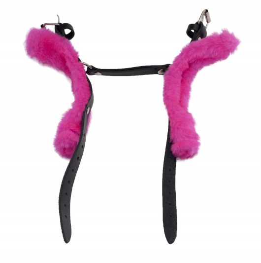 Черные базовые наручники из кожи с розовой опушкой - Лунный свет - купить с доставкой в Красногорске