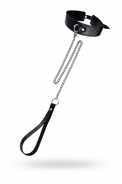 Кожаный двухслойный ошейник с красной строчкой и поводком - Pecado - купить с доставкой в Красногорске