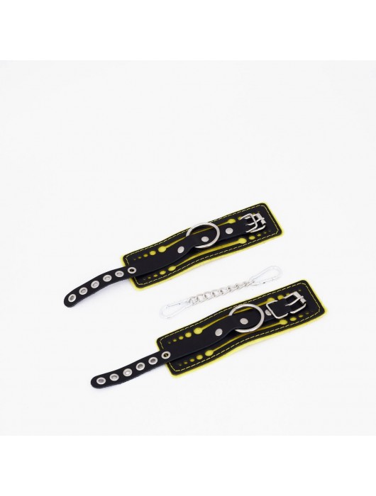 Черно-желтые кожаные наручники с жёлтой строчкой - Crazy Handmade - купить с доставкой в Красногорске
