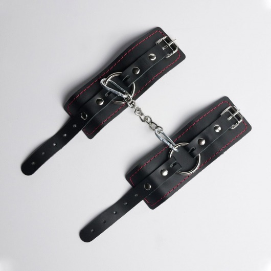 Черные кожаные наручники с красной строчкой - Crazy Handmade - купить с доставкой в Красногорске