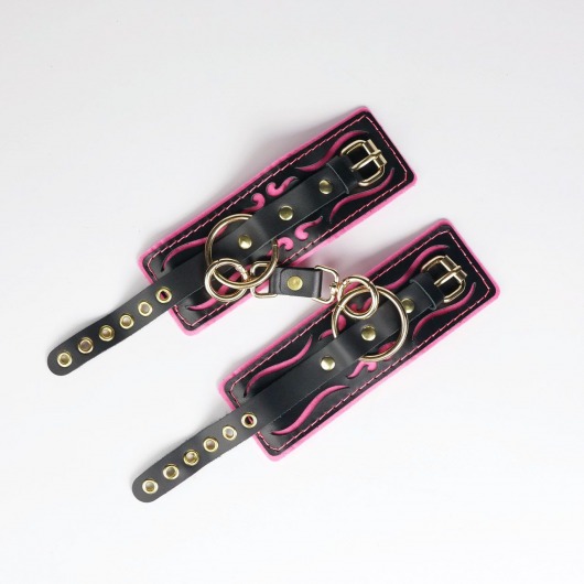 Черные кожаные наручники с розовой строчкой - Crazy Handmade - купить с доставкой в Красногорске