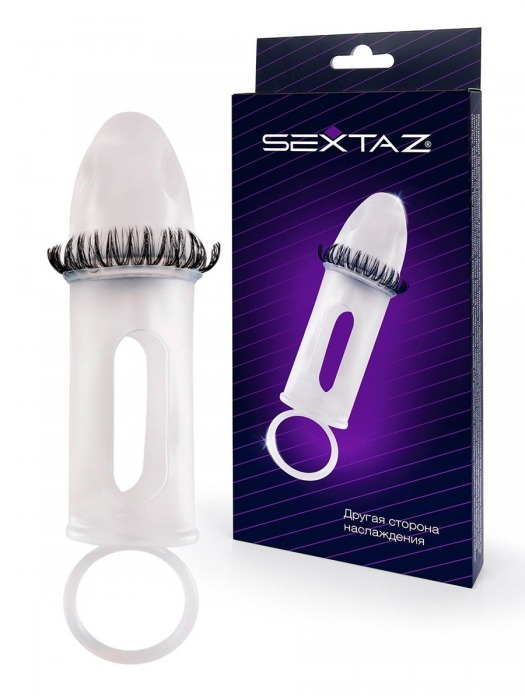 Закрытая насадка на пенис с подхватом мошонки и стимулирующими «ресничками» - Sextaz - в Красногорске купить с доставкой