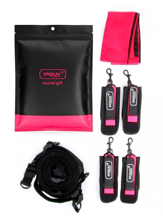 Черно-розовый эротический набор: фиксатор, оковы, наручники, повязка - Erokay - купить с доставкой в Красногорске