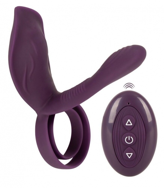 Фиолетовая насадка на член с клиторальным отростком и пультом ДУ RC Couple’s Vibrator 2 - Orion - в Красногорске купить с доставкой
