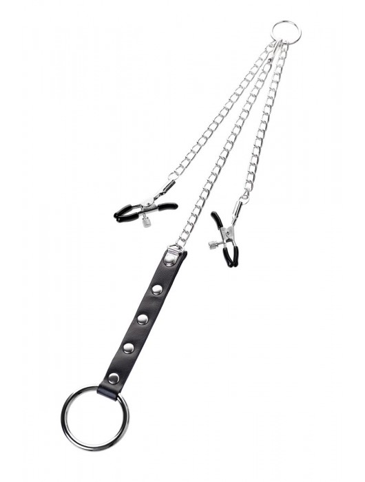 Серебристо-чёрные зажимы для сосков с кольцом для пениса TOYFA Metal - ToyFa - купить с доставкой в Красногорске